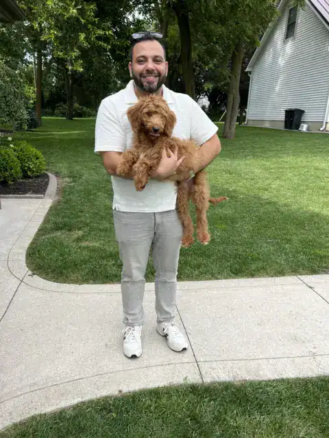 Happy owner going home after adopting his new Golden best friend