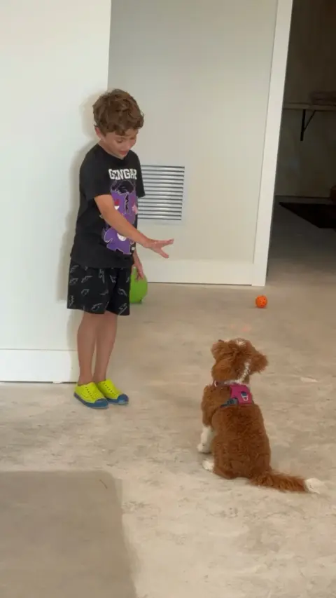 Kid playing with his puppy in there apartment.