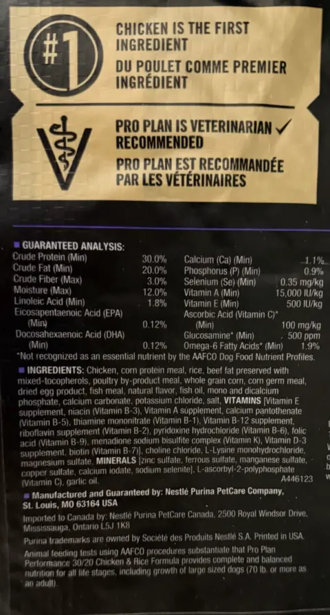 Label of a healthy dog food for Bernedoodles