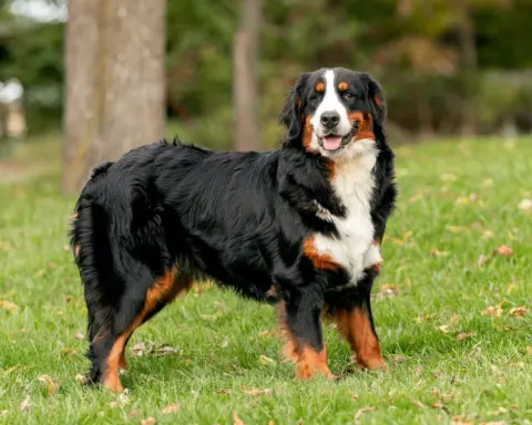 Bernedoodle mom in front of woods showing off her beautiful looking coat.
